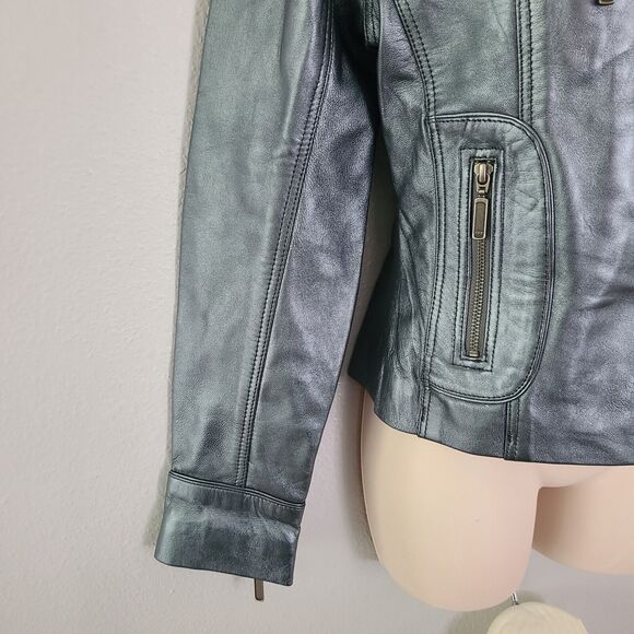 Aviatrix Women 100%  Leather Jacket Biker Rock Fitted silver gunmetal zipper M - Picture 5 of 11